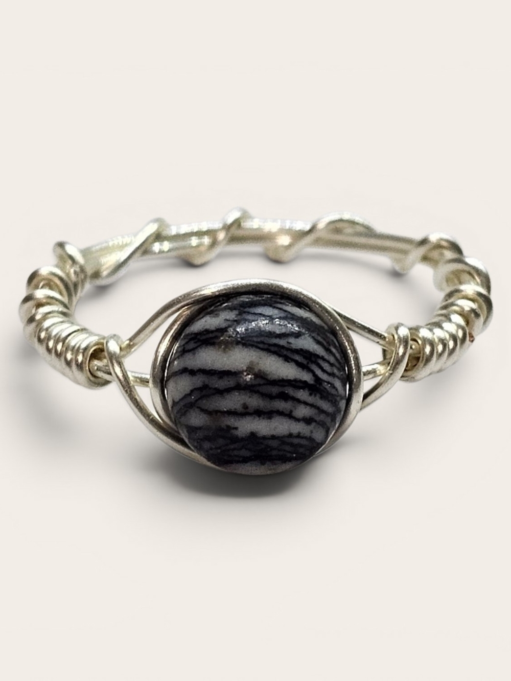 Silver Wire-Wrapped Black & White Stone Ring